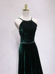 Bridesmaids Dresses Different Styles, A-Line Backless Green Velvet Long Prom Dresses, Green Formal Evening Dresses