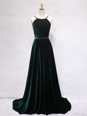 Bridesmaid Dresses Color Palettes, A-Line Backless Green Velvet Long Prom Dresses, Green Formal Evening Dresses