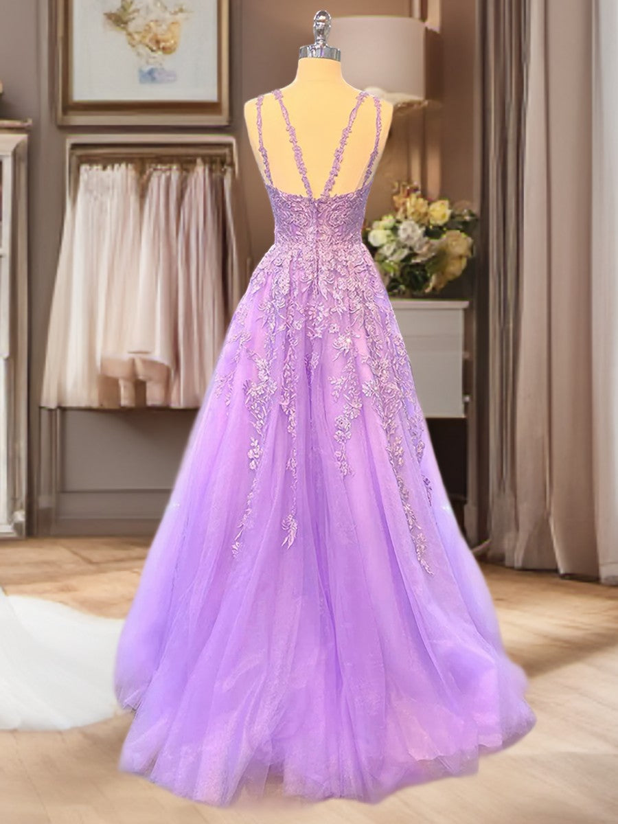 Party Dress Pink, A-line Bateau Long Sleeves Appliques Lace Floor-Length Tulle Dress