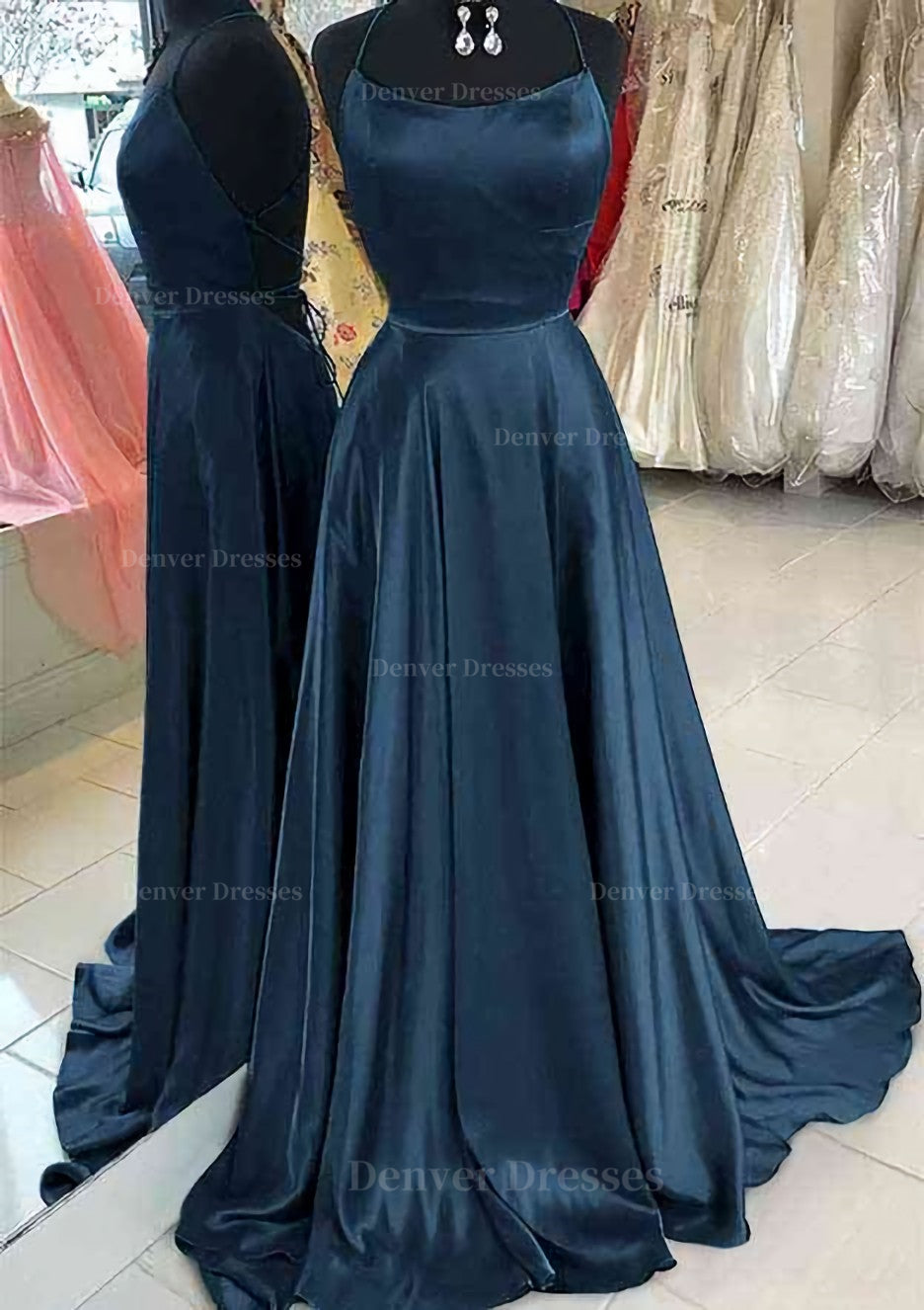 Party Dresses Long Dresses, A-line Bateau Spaghetti Straps Sweep Train Charmeuse Prom Dress