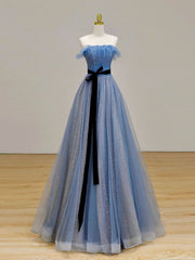 Ball Dress, A-Line Blue Long Prom Dress, Tulle Sequin Long Blue Formal Evening Dress