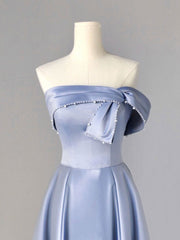 Bridesmaid Dresses Winter Wedding, A-Line Blue Satin Long Prom Dresses, Blue Formal Evening Dresses