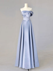 Bridesmaids Dresses Winter Wedding, A-Line Blue Satin Long Prom Dresses, Blue Formal Evening Dresses