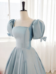 Bridesmaid Dresses Trends, A-Line Blue Satin Puffy Sleeve Long Prom Dress, Blue Formal Dresses