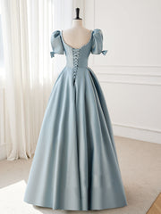 Bridesmaid Dress Mdae To Order, A-Line Blue Satin Puffy Sleeve Long Prom Dress, Blue Formal Dresses