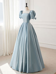 Bridesmaids Dress Trends, A-Line Blue Satin Puffy Sleeve Long Prom Dress, Blue Formal Dresses