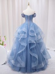 Spring Wedding, A-Line Blue Tulle Long Prom Dress, Blue Sweet 16 Dress