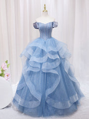 Wedding Photo Ideas, A-Line Blue Tulle Long Prom Dress, Blue Sweet 16 Dress