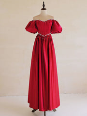 Bridesmaid Dress Pink, A-Line Burgundy Satin Puff Sleeves Long Prom Dress, Burgundy Formal Evening Dress