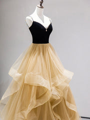 Country Wedding Dress, A-Line Champagne Tulle Long Prom Dresses, Velvet Graduation Dresses with Beading