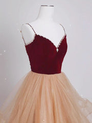 Party Dress Outfits, A-Line Champagne Tulle Long Prom Dresses, Velvet Graduation Dresses with Beading