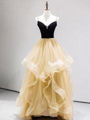 Wedding Pictures, A-Line Champagne Tulle Long Prom Dresses, Velvet Graduation Dresses with Beading