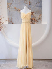 Yellow Prom Dress, A-Line Chiffon Long Prom Dresses, Sweetheart Neck Chiffon Formal Dress