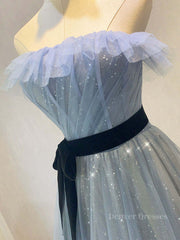Bridesmaids Dresses Gold, A-Line Gray Blue Tulle Long Prom Dress, Gray Blue Long Formal Dress