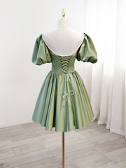 Bridesmaid Dress 2024, A-Line Green Puffy Sleeve Satin Short Prom Dress, Green Short Formal Dress