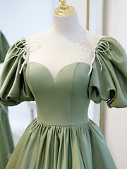 Bridesmaid Dresses Different Styles, A-Line Green Puffy Sleeve Satin Short Prom Dress, Green Short Formal Dress