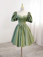 Bridesmaid Dresses 2024, A-Line Green Puffy Sleeve Satin Short Prom Dress, Green Short Formal Dress