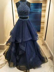 Party Dress Wedding Guest Dress, A-line Halter Beading Floor-Length Tulle Dress