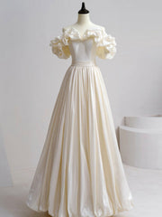 Bridesmaid Dresses Different Style, A-Line Off Shoulder Beige Taffeta Long Prom Dresses, Beige Formal Evening Dress