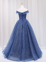 Bridesmaid Dress Mauve, A-Line Off Shoulder Dark Blue Long Prom Dress, Shiny Tulle Long Graduation Dress