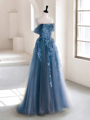 Prom Dress Lace, A-line Off Shoulder Gray Blue Tulle Long Prom Dress, Gray Blue Long Formal Dress