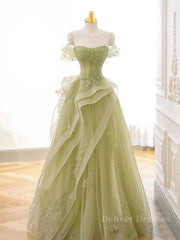 Bridesmaid Dresses Mismatched Fall, A-Line Off Shoulder Green Lace Long Prom Dress, Green Formal Dress