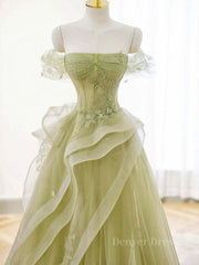 Bridesmaids Dress With Lace, A-Line Off Shoulder Green Lace Long Prom Dress, Green Formal Dress