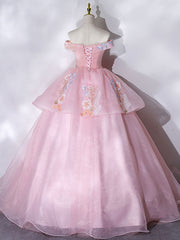 Long Dress, A-Line Off Shoulder Organza Lace Pink Long Prom Dress. Pink Sweet 16 Dress