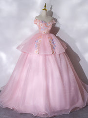 Blue Dress, A-Line Off Shoulder Organza Lace Pink Long Prom Dress. Pink Sweet 16 Dress