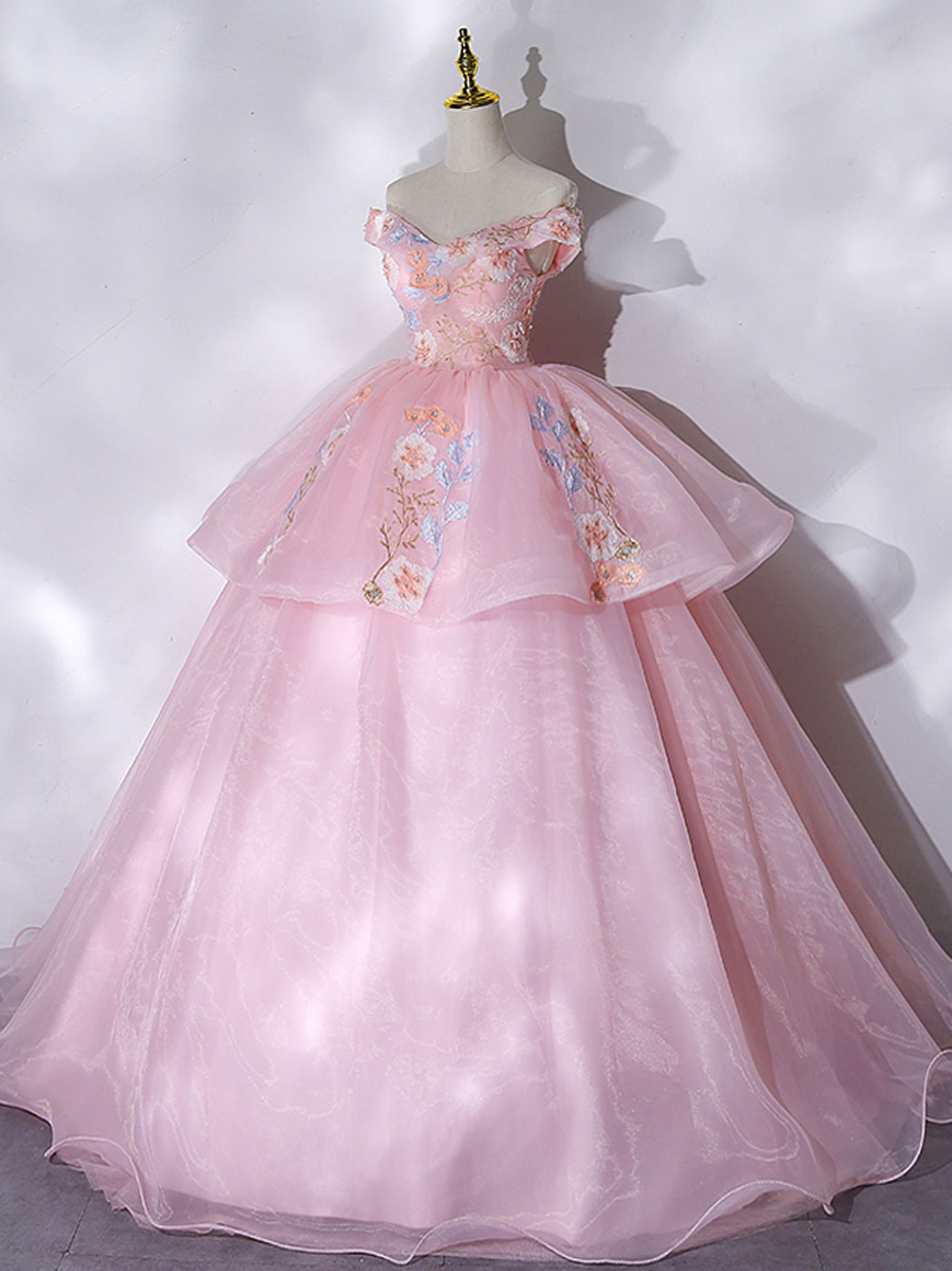 Princess Dress, A-Line Off Shoulder Organza Lace Pink Long Prom Dress. Pink Sweet 16 Dress