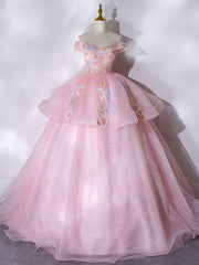 Fancy Dress, A-Line Off Shoulder Organza Lace Pink Long Prom Dress. Pink Sweet 16 Dress