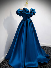 Wedding Color Schemes, A-Line Off Shoulder Satin Blue Long Prom Dress, Blue Evening Dresses