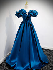 Winter Wedding, A-Line Off Shoulder Satin Blue Long Prom Dress, Blue Evening Dresses