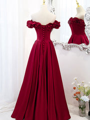 Bridesmaid Dress Peach, A-Line Off Shoulder Satin Burgundy Long Prom Dress, Satin Burgundy Evening Dress