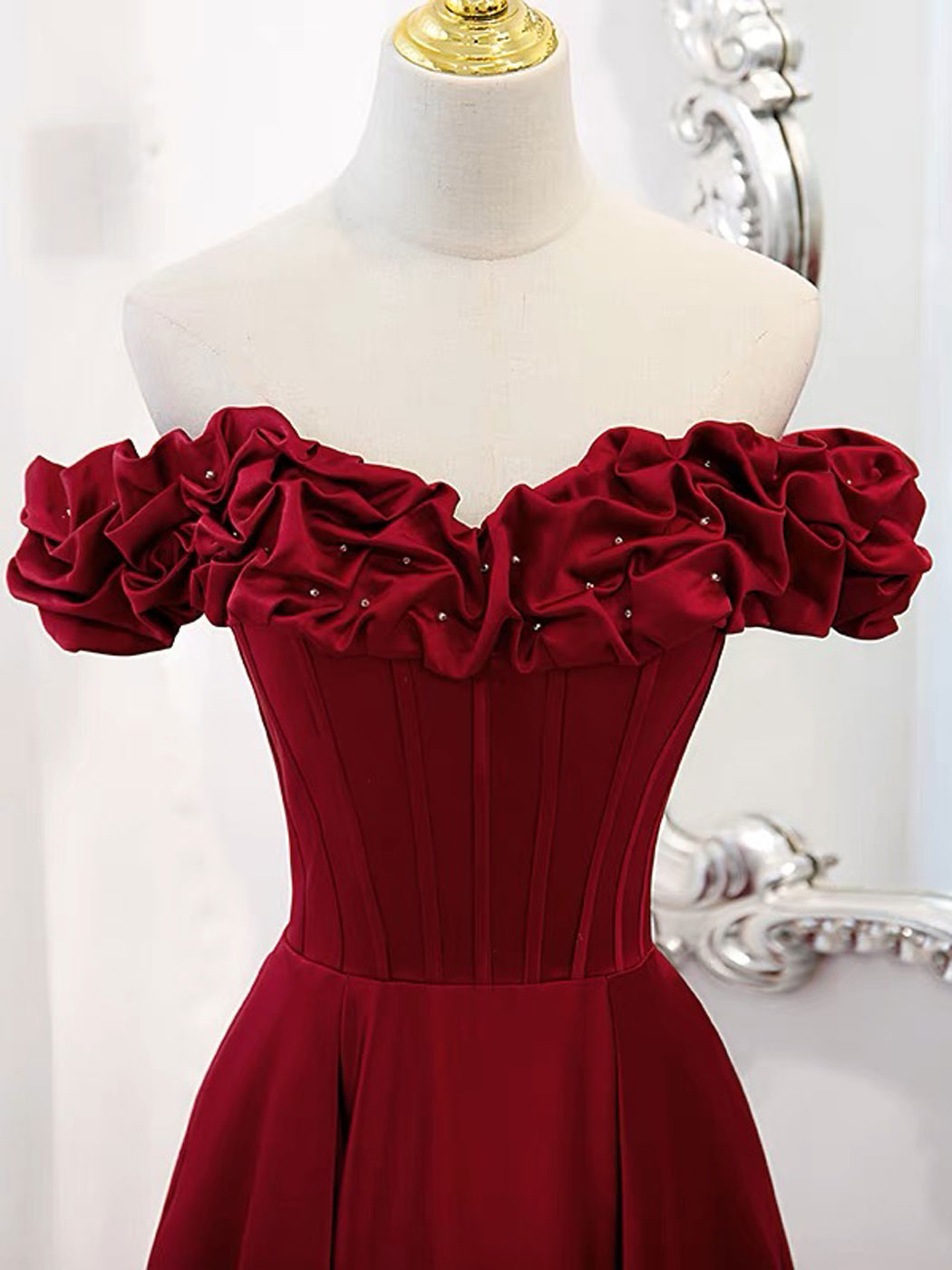 Bridesmaid Dress Strapless, A-Line Off Shoulder Satin Burgundy Long Prom Dress, Satin Burgundy Evening Dress