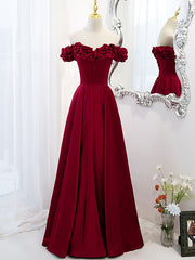 Bridesmaids Dress Peach, A-Line Off Shoulder Satin Burgundy Long Prom Dress, Satin Burgundy Evening Dress