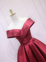 Homecoming Dress, A-Line Off Shoulder Satin Burgundy Short Prom Dress, Burgundy Homecoming Dress