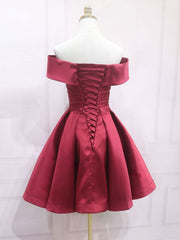 Satin Dress, A-Line Off Shoulder Satin Burgundy Short Prom Dress, Burgundy Homecoming Dress