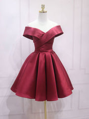 Purple Prom Dress, A-Line Off Shoulder Satin Burgundy Short Prom Dress, Burgundy Homecoming Dress