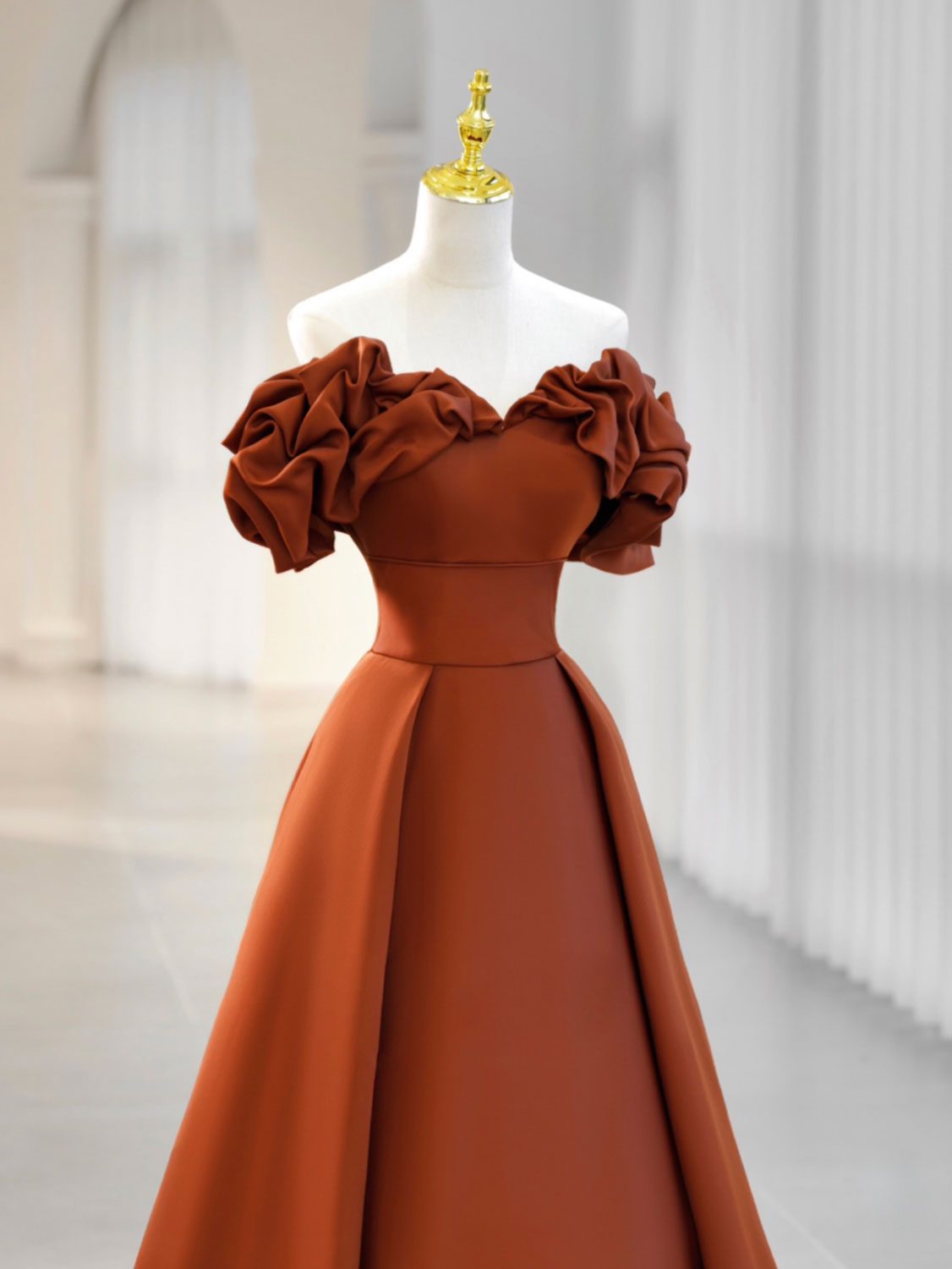 Bridesmaid Dresses Designers, A-Line Off Shoulder Satin Orange Long Prom Dress, Orange Formal Evening Dress