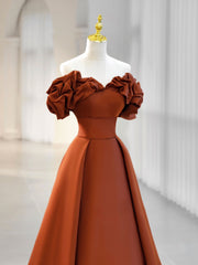 Bridesmaid Dresses Designers, A-Line Off Shoulder Satin Orange Long Prom Dress, Orange Formal Evening Dress