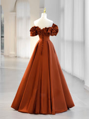 Bridesmaid Dress Design, A-Line Off Shoulder Satin Orange Long Prom Dress, Orange Formal Evening Dress