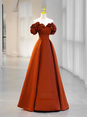 Bridesmaid Dress Designer, A-Line Off Shoulder Satin Orange Long Prom Dress, Orange Formal Evening Dress