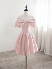 Prom Dresses Black Girl, A-Line Off Shoulder Satin Pink Short Prom Dress, Pink Homecoming Dress