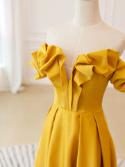 Bridesmaids Dress Black, A-Line Off Shoulder Satin Yellow Long Prom Dress, Yellow Formal Evening Dress