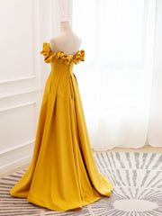 Bridesmaid Dresses Hunter Green, A-Line Off Shoulder Satin Yellow Long Prom Dress, Yellow Formal Evening Dress