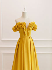 Bridesmaid Dresses Mismatched Neutral, A-Line Off Shoulder Satin Yellow Long Prom Dress, Yellow Formal Evening Dress