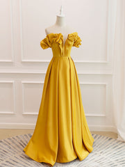Bridesmaid Dress Black, A-Line Off Shoulder Satin Yellow Long Prom Dress, Yellow Formal Evening Dress