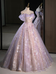Prom Dresses Ballgown, A-Line Off Shoulder Tulle Lace Purple Long Prom Dress, Purple Formal Dress