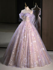 Prom Dress Ballgown, A-Line Off Shoulder Tulle Lace Purple Long Prom Dress, Purple Formal Dress